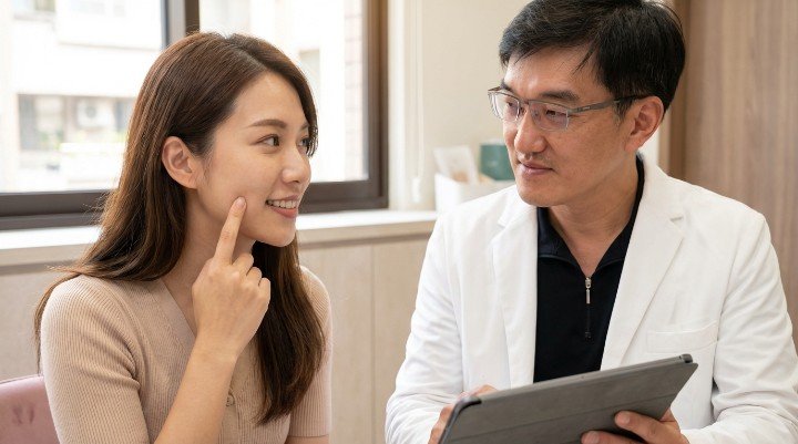 醫師為臉頰凹陷患者進行Lenisna療程諮詢 Lenisna產品注射液的特寫鏡頭與診所專業操作環境 治療前後對比圖,展示Lenisna改善臉頰凹陷的效果 透過圖示說明Lenisna誘導膠原蛋白增生的機制