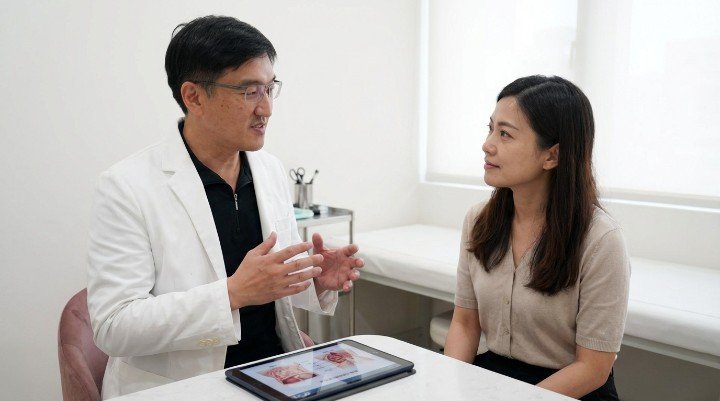 醫師講解腹部運動與體脂肪過高關係 專業儀器檢測數據顯現體脂肪過高圖 醫學圖解內臟脂肪與體脂肪過高危害