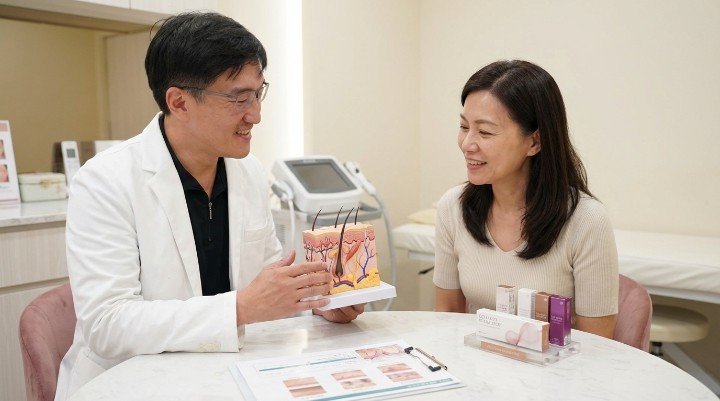 膠原蛋白增生劑作用機制與刺激纖維母細胞示意圖 玻尿酸與膠原蛋白增生劑的適用情境比較圖 市面上主流膠原蛋白增生劑品牌(舒顏萃、艾麗斯、精靈針、喬雅露)介紹 吳紹琥醫師於法瑞診所提供膠原蛋白增生劑專業諮詢