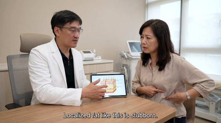 醫師於診間為患者規劃專屬瘦腰療程 使用先進儀器進行非侵入式瘦腰療程 冷凍溶脂技術協助優化瘦腰療程效果 展示瘦腰療程前後腰圍變化的專業圖片