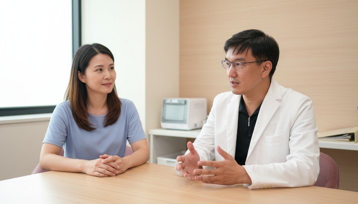 穿著白袍的醫師正在解釋更年期肥胖成因 女性在家進行阻力訓練對抗更年期肥胖 盤中裝滿原型食物以改善更年期肥胖問題 充足睡眠與水分攝取緩解更年期肥胖症狀