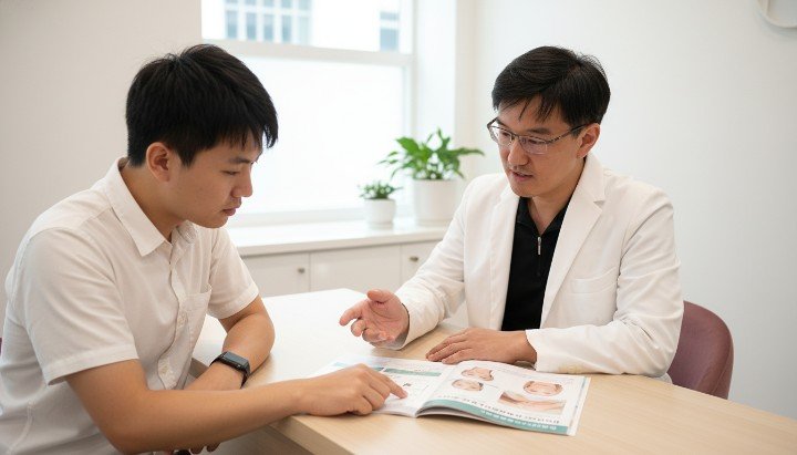 顯微鏡下的PRP傷口癒合細胞再生過程。 專業醫師執行PRP傷口癒合注射治療畫面。 高濃度血小板釋放因子助力PRP傷口癒合。 術後患者接受PRP傷口癒合諮詢的情境。