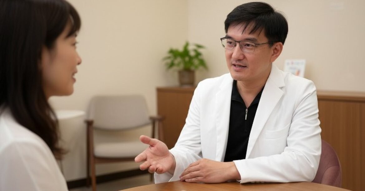 電波音波拉提療程中的醫生與患者深度交流，室內明亮柔和的光線下，展現專業與信任。