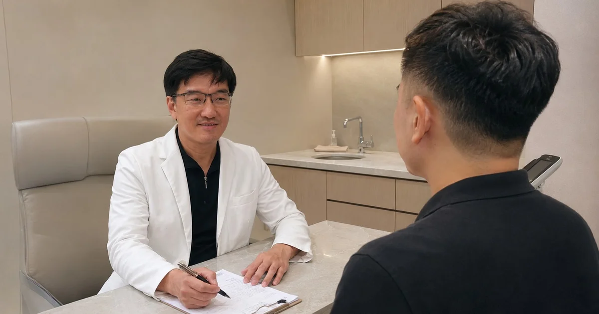 吳芮醫師正在解釋V臉療程的原理與年齡建議。