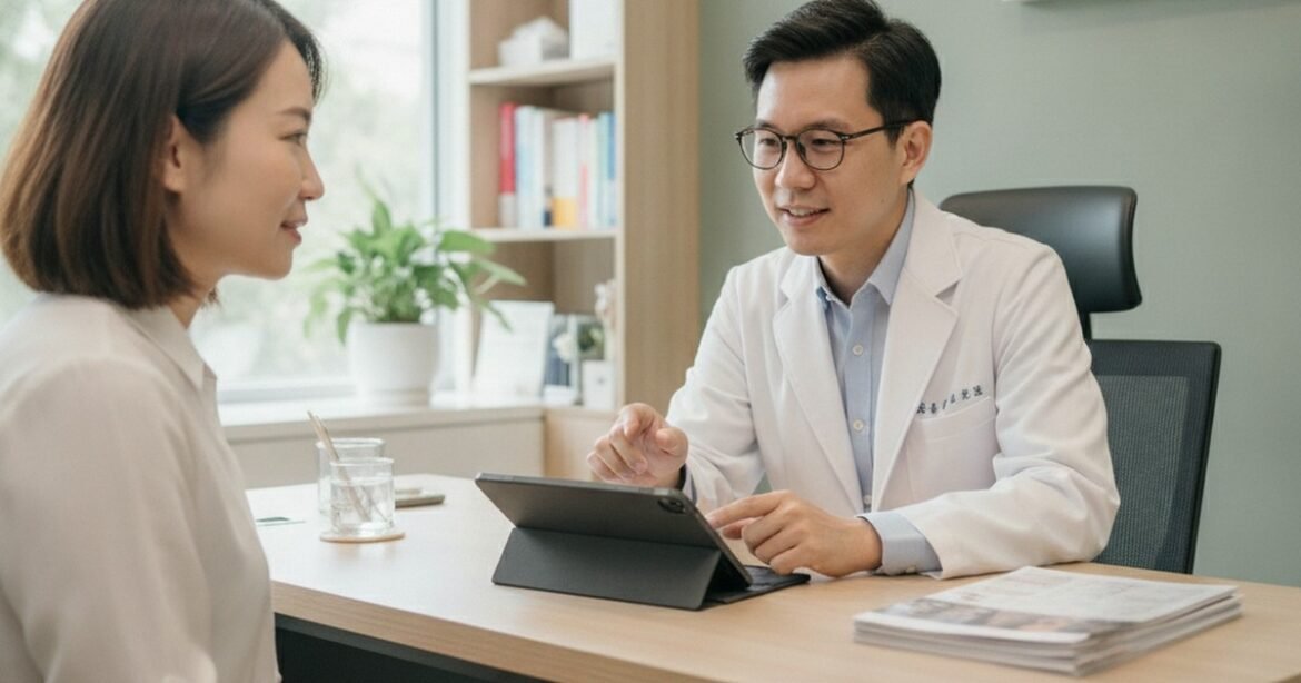 吳芮醫師在診間向患者說明玻尿酸下巴術後吳芮醫師推薦常見迷思，光線明亮。