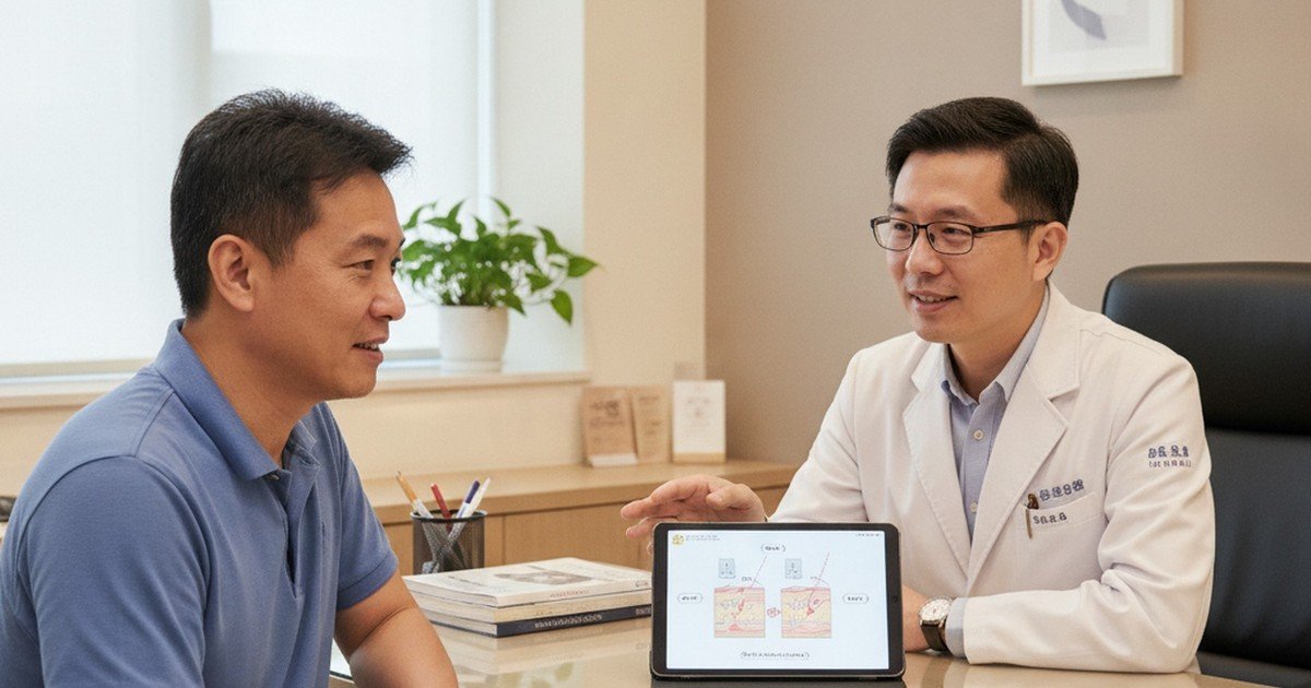 吳芮醫師在診間耐心向患者說明吳芮醫師比較術前評估的流程與重要性。