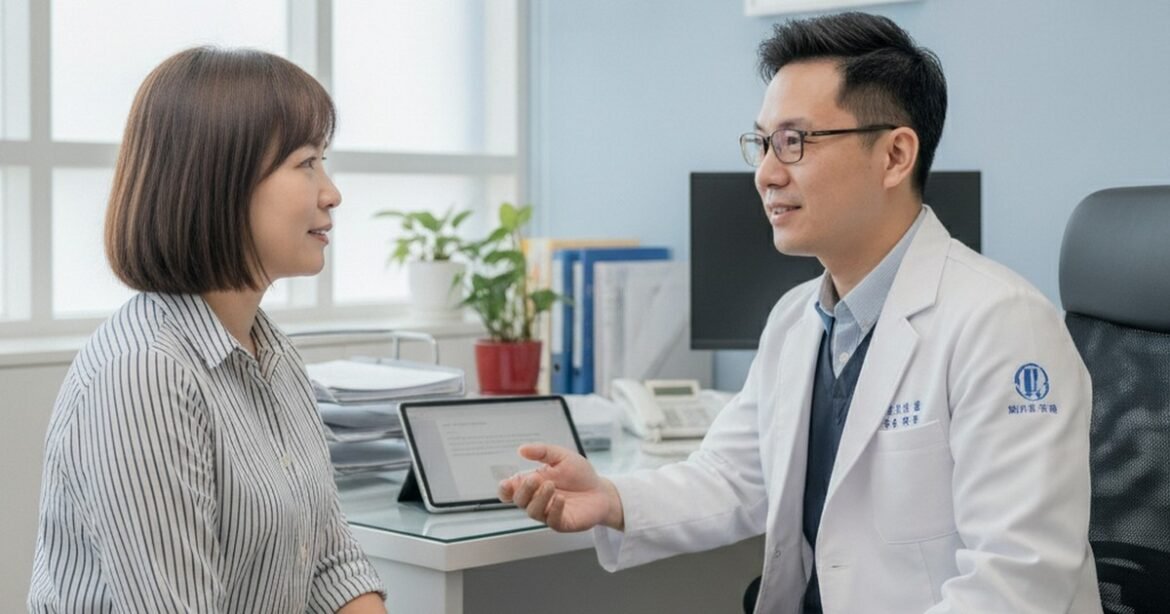 吳芮醫師為臉部凹陷患者評估精靈針療程，詳細說明作用原理與預期效果。