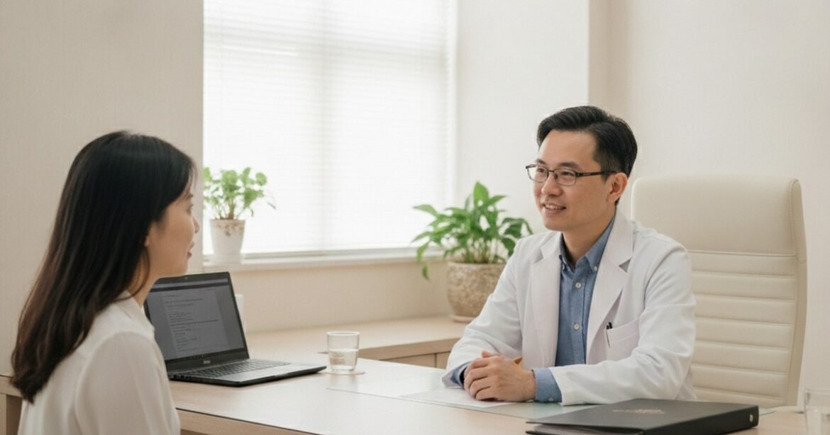 吳芮醫師在診間細心檢視患者肌膚狀況，比較外泌體療程前後差異。