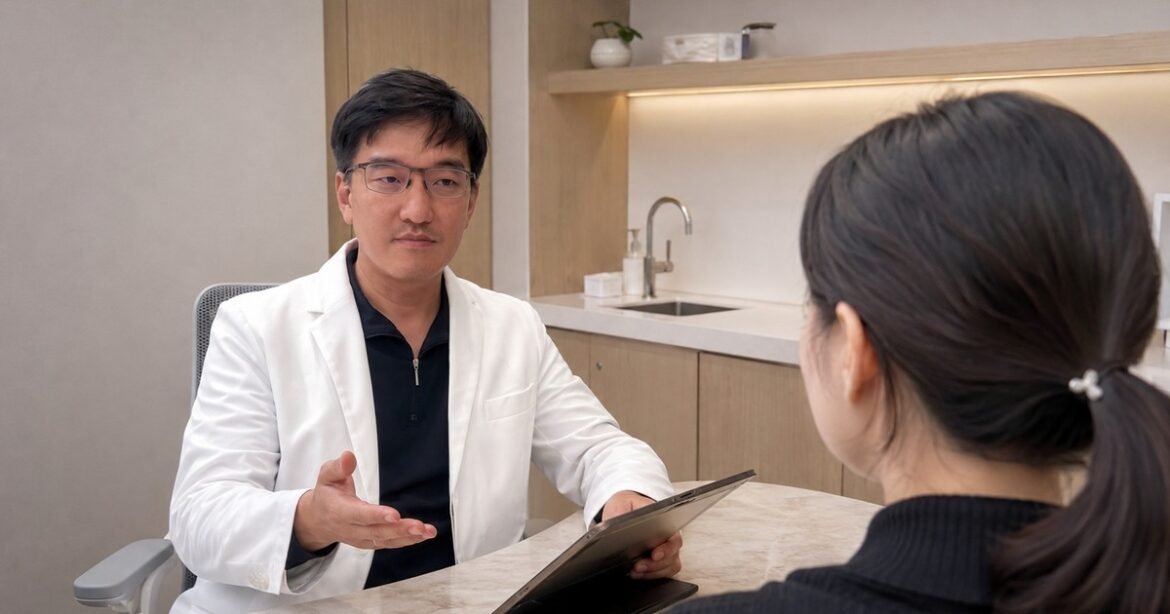吳芮醫師療程說明：專業醫師正在講解電音波原理圖示。